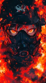 Inferno-eyed hero in mask walking calmly through flames.