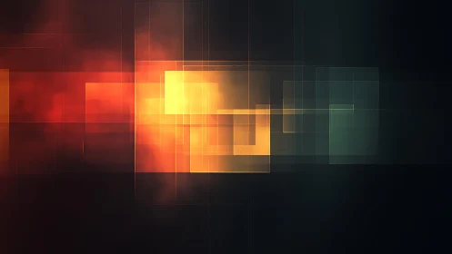 Abstract geometric digital art with glowing squares and dark tones.