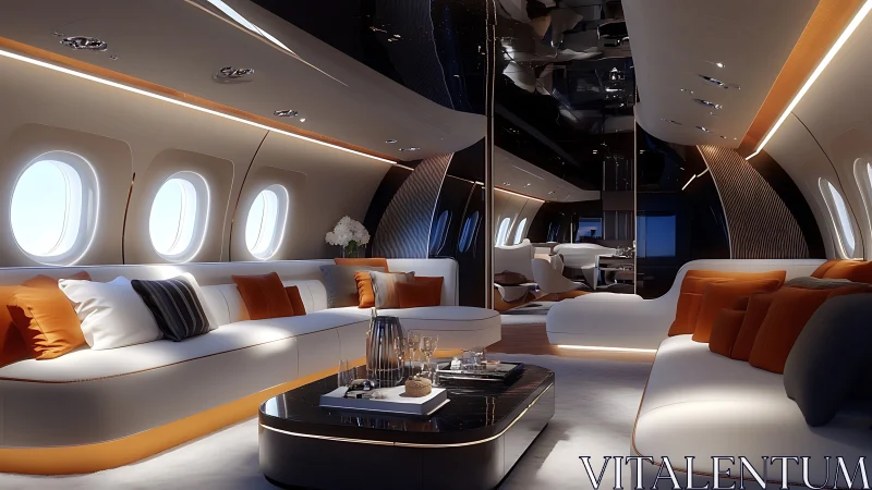 Luxurious private jet lounge with modern cabin interior.