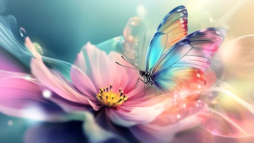 Soft rainbow butterfly resting gently on luminous petals.