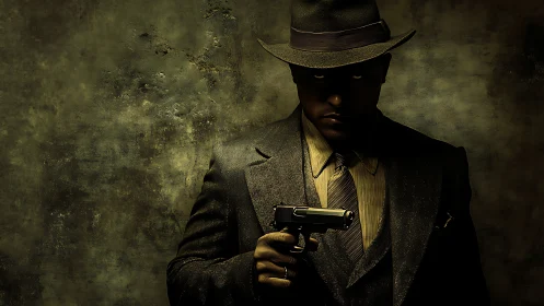 Mysterious man in suit and fedora holding handgun in shadow.
