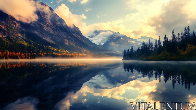 Sunlit mountain lake mirrored in calm morning stillness.