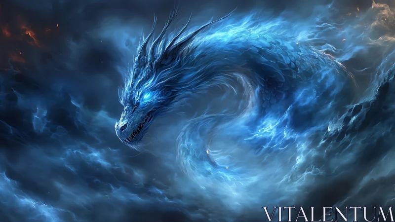 Luminescent storm dragon coiled within turbulent astral clouds
