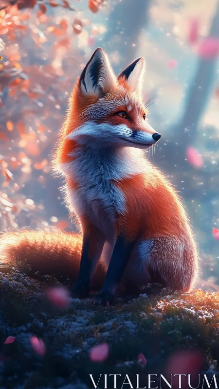 Fox sits on mossy ground under soft backlit forest glow