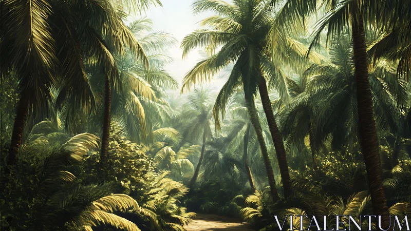 Palm-lined forest corridor with atmospheric light diffusion.