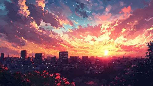 Sunset sky over dense city skyline with glowing clouds.