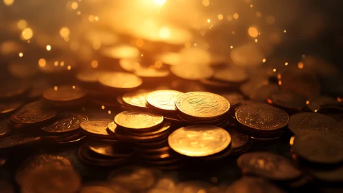 Luminous gold coins in cinematic macro bokeh lighting.