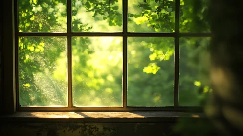 Sunlit garden beyond dusty vintage window panes.
