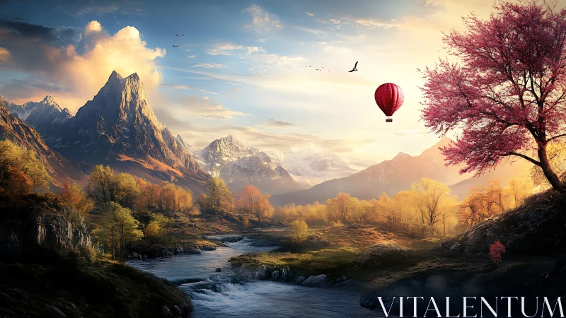 Mountain sunrise landscape with red hot air balloon drifting.