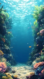 Sunlit coral canyon inviting you into a calm blue wonderland.