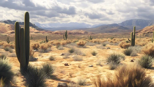 Desert landscape displays sparse cacti under overcast sky