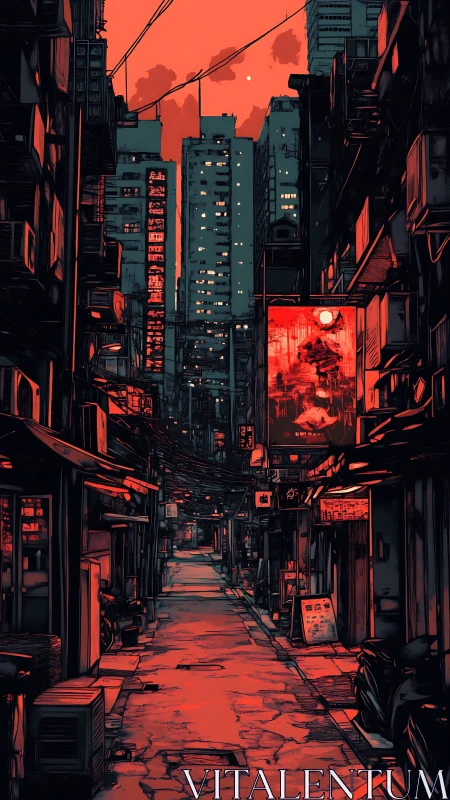 Neon lit urban alley under red twilight sky at dusk.