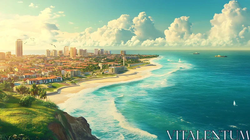 Sunlit coastal cityscape renders expansive tropical shoreline