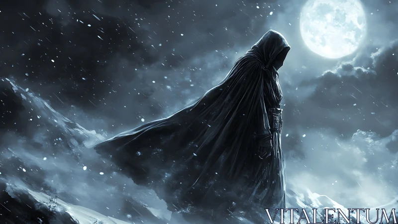 Hooded figure crosses wind‑scarred snowfield under luminous moon