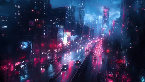 Neon-soaked cyberpunk city artery under dynamic rainstorm.