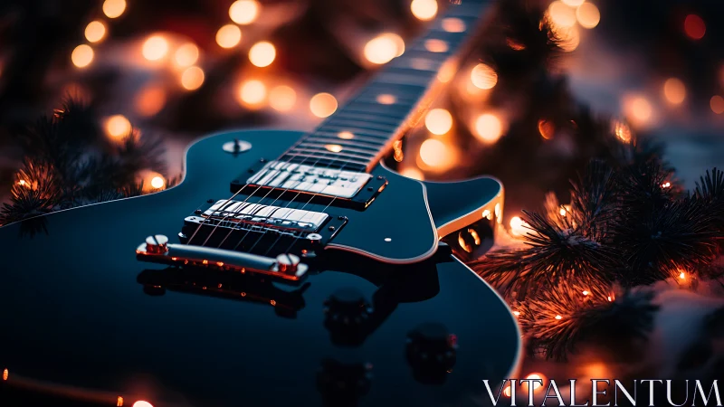 Glossy black electric guitar amid defocused warm bokeh lights