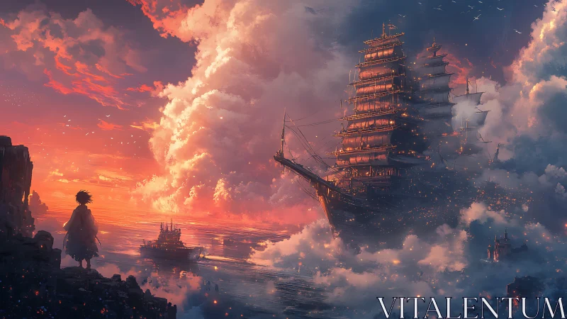 Sky harbor ship sails through burning cloud horizon.