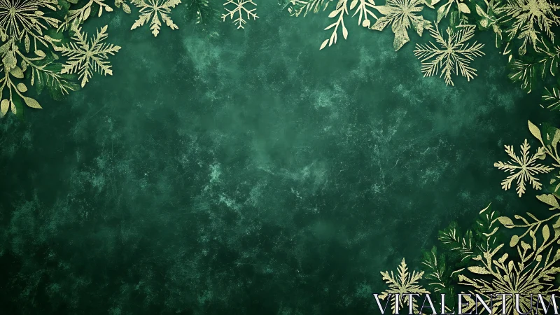 Metallic botanical snowflake frame on deep green ground.