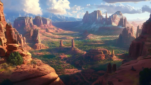 Sunlit red rock canyon with distant snowy plateaus.