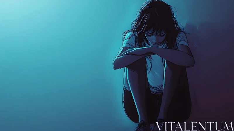 Sad girl sits alone in blue light, arms wrapped tight