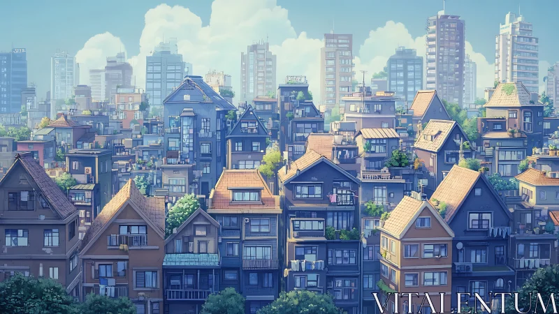 Sunlit urban rooftops layer dense midrise neighborhood.