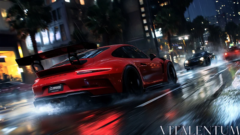 Midnight rain turns red street racer into neon thunder