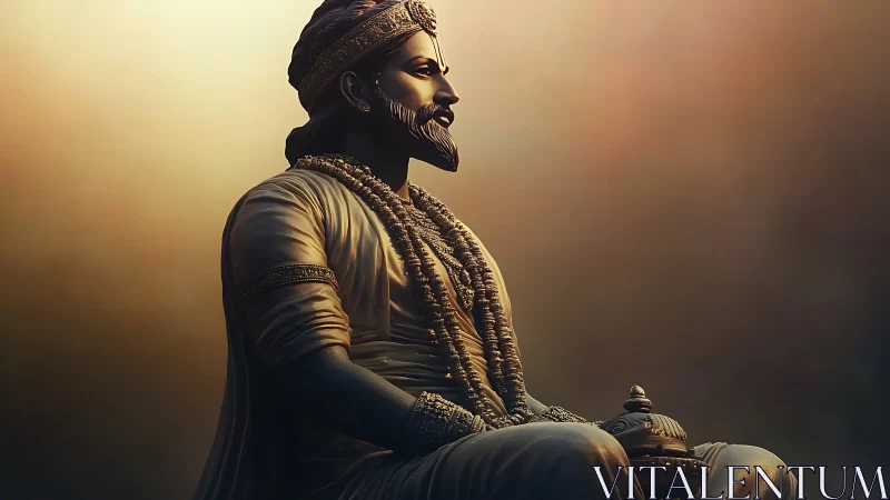Radiant statue of a seated king glows in gentle sunrise light