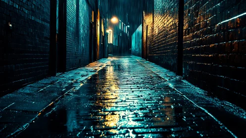 Rain-soaked brick alleyway reflects blue and orange lights