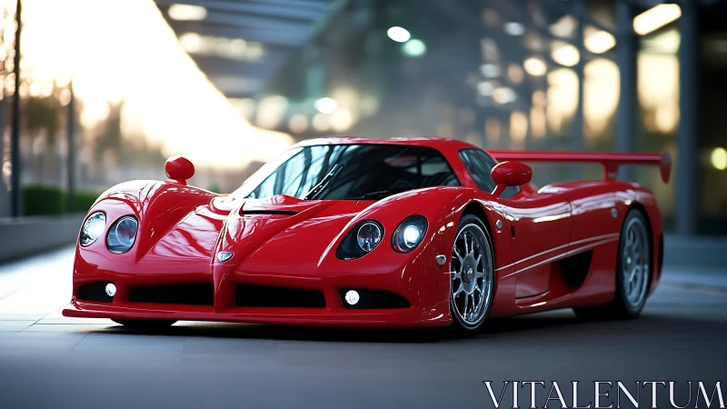 Crimson supercar poised for a sleek sunset city escape.