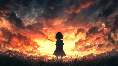 Girl at the ember-bright horizon of a dreaming sky.