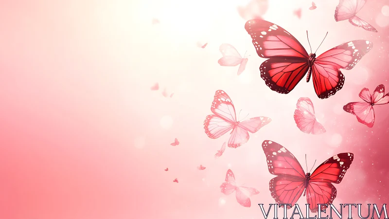 Red butterflies drift upward across soft pink gradient