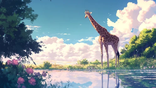 Tall giraffe under volumetric clouds near reflective lakeside