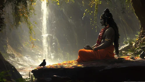 Meditative figure in orange robe beside forest waterfall.