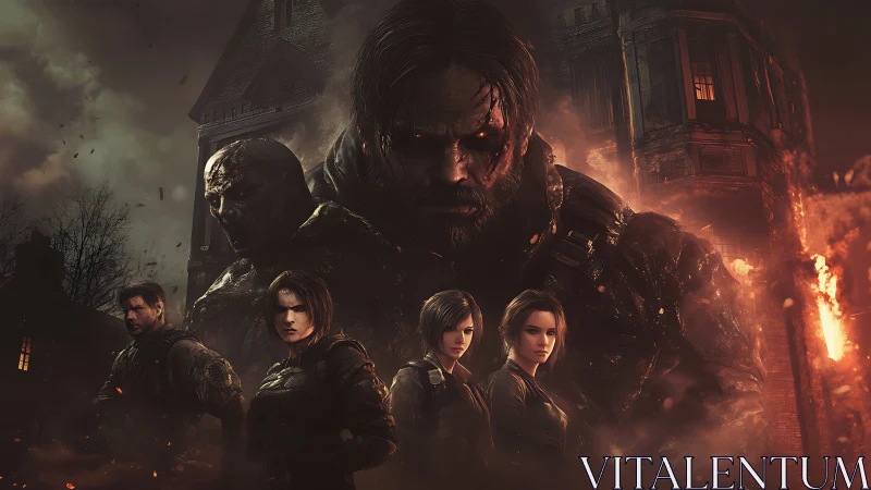 Cinematic survival squad framed by burning gothic architecture