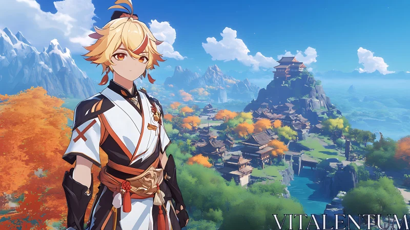 Blond anime traveler before colorful mountain village.