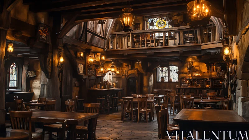 Medieval style tavern interior shows empty wooden seating