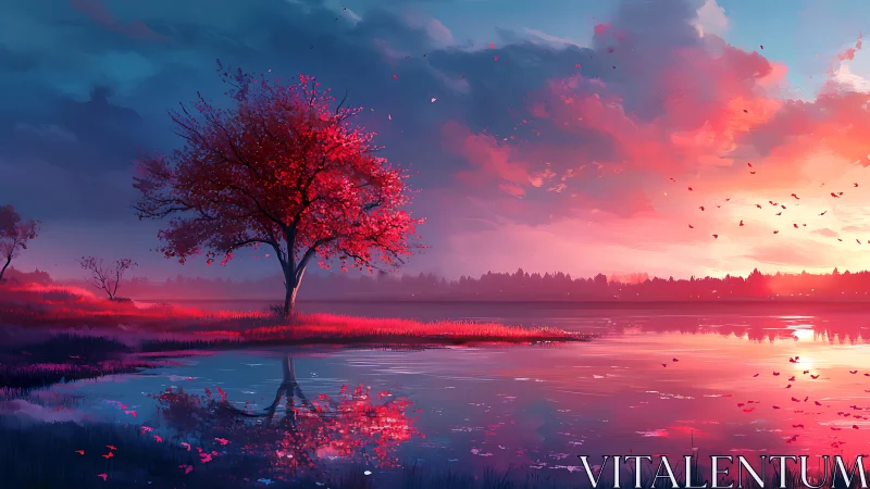 Crimson shoreline tree serenades a neon painted sunset sky