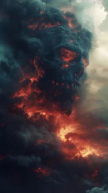 Volumetric fiery skull form emerging within dense clouds.