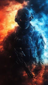 Armored soldier silhouette within dual fire and smoke field.