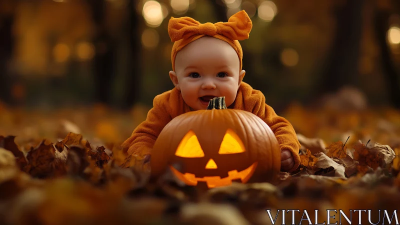 Baby in orange costume with glowing Jack-o'-lantern.