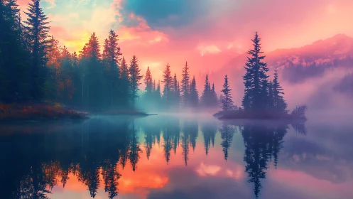 Digital landscape depicts misty conifer lake at sunrise