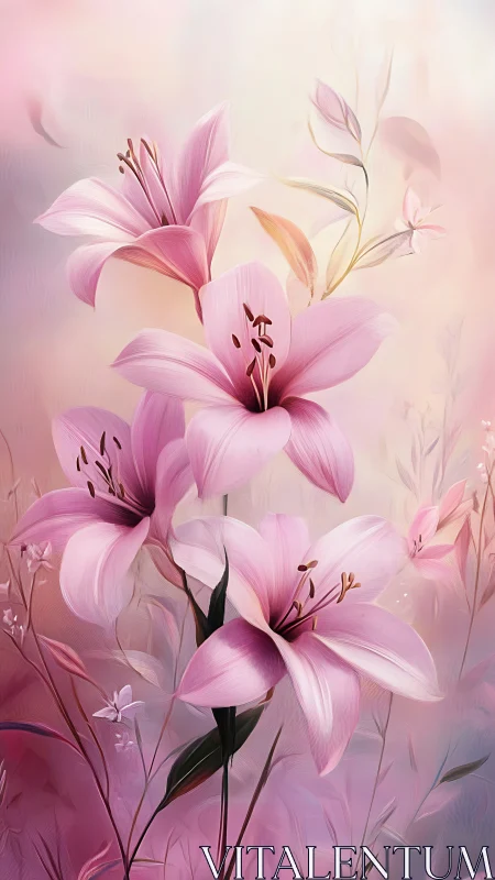 Whispered Petals in Rose: Lilies Dance Through Dreamlit Mist.