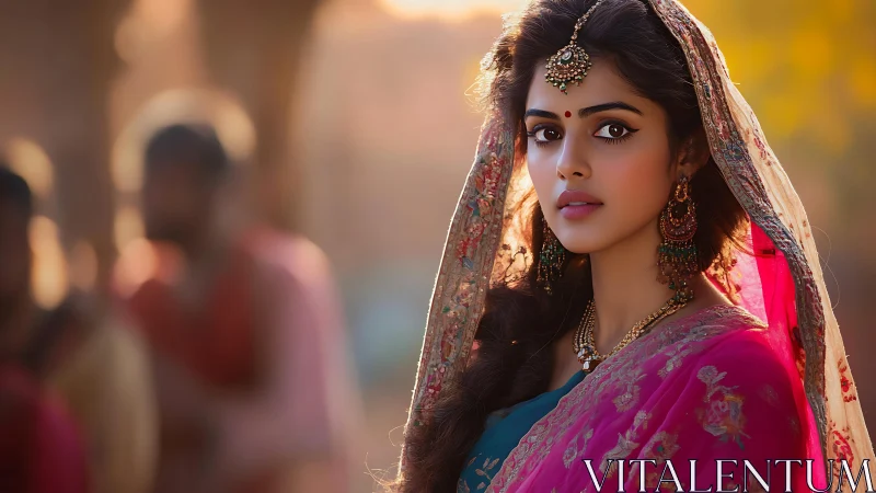 Woman in traditional attire stands outdoors in soft sunlight