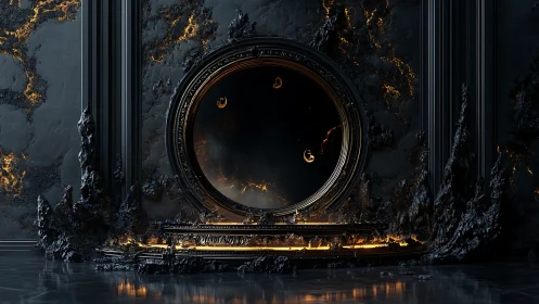 Midnight portal glows softly in a dark, molten stone hall