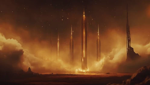 Multiple illuminated rockets stand in dense atmospheric haze