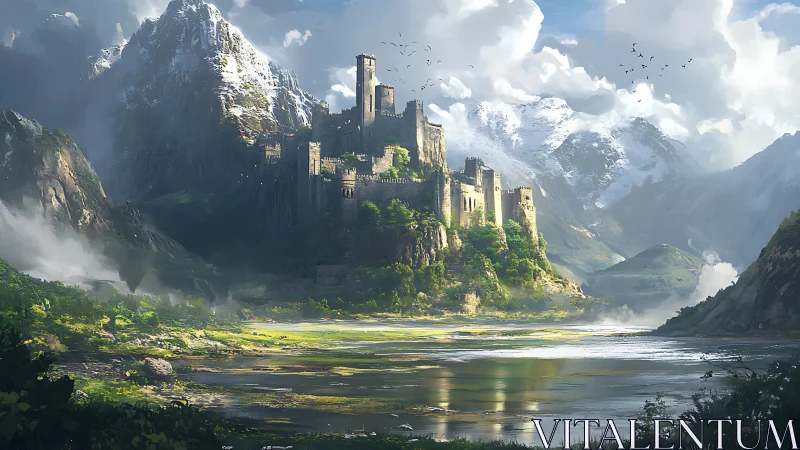 Mountain fortress castle dominates misty valley with reflective lake