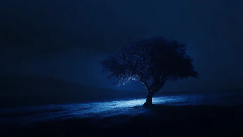 Moonlit tree stands calmly in a quiet midnight meadow