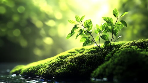 Young plant growing in lush moss with sunlight, nature macro style.