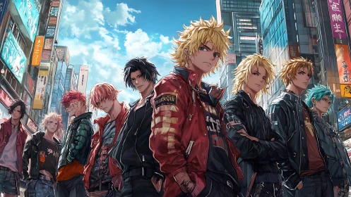 Street gang lineup dominates neon city intersection scene