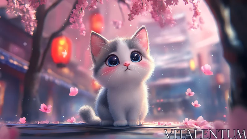Enchanted White Kitten in Dreamy Cherry Blossom Paradise